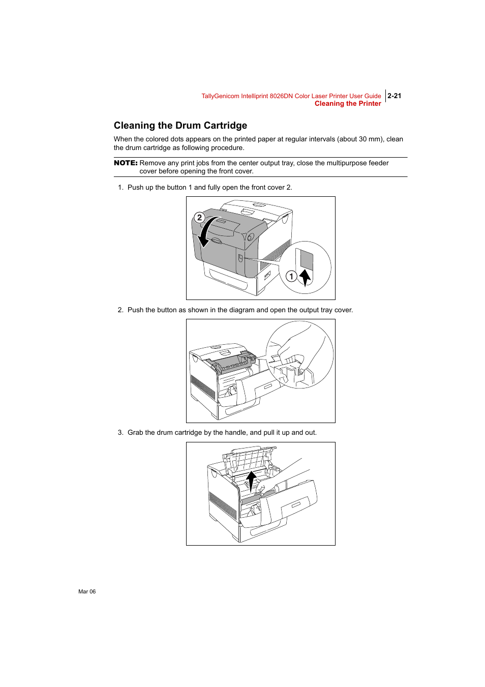 Cleaning the drum cartridge, Cleaning the drum cartridge 2-21 | Tally Genicom Intelliprint 8026DN User Manual | Page 77 / 260