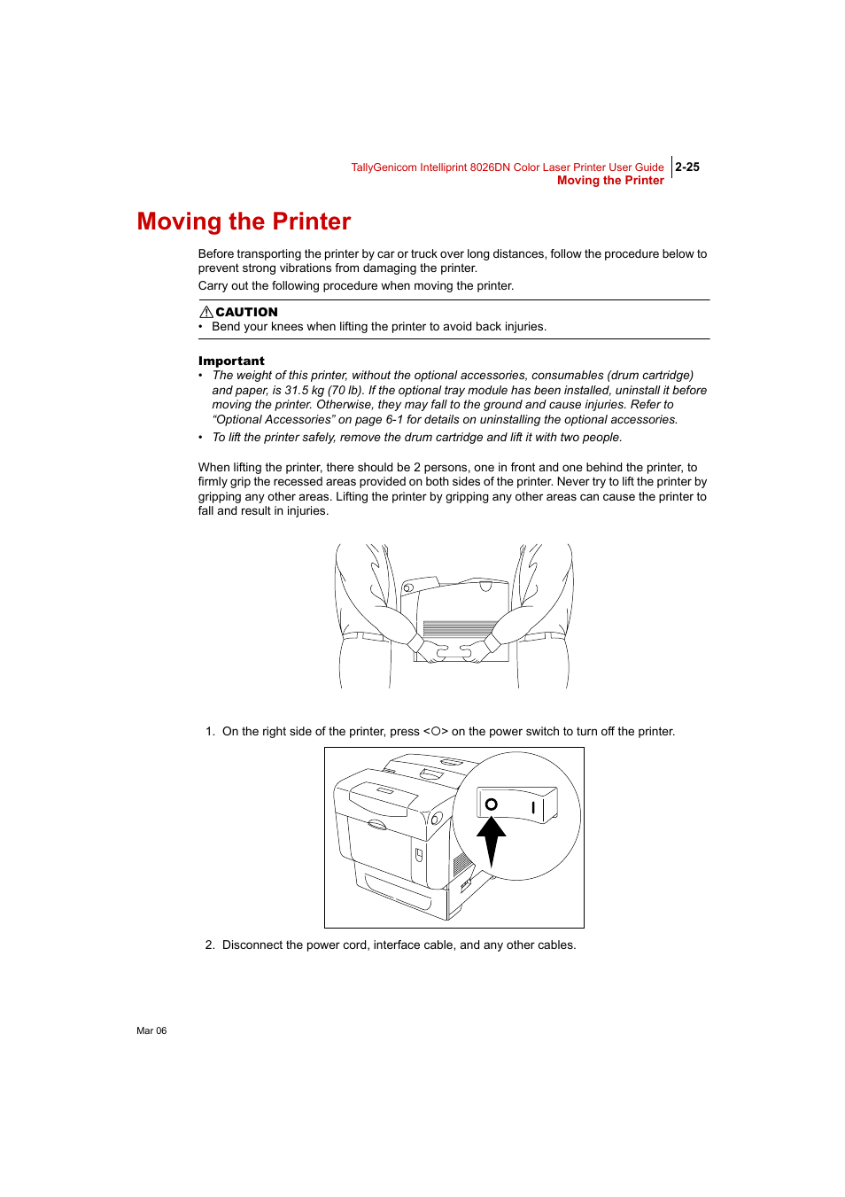 Moving the printer, Moving the printer 2-25 | Tally Genicom Intelliprint 8026DN User Manual | Page 81 / 260