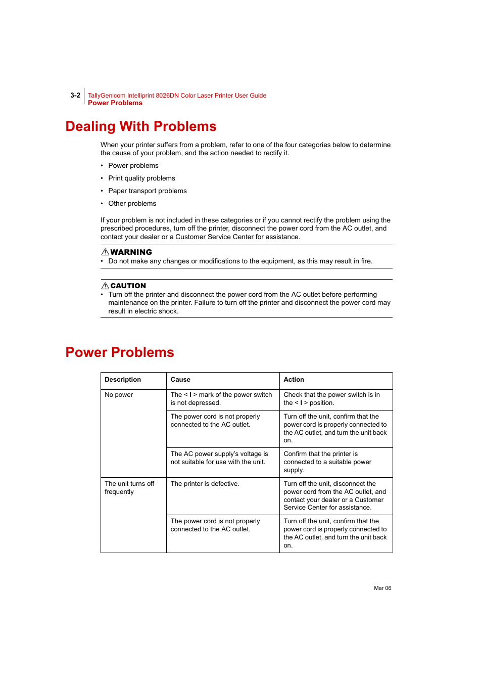 Dealing with problems, Power problems, Dealing with problems 3-2 | Power problems 3-2 | Tally Genicom Intelliprint 8026DN User Manual | Page 88 / 260