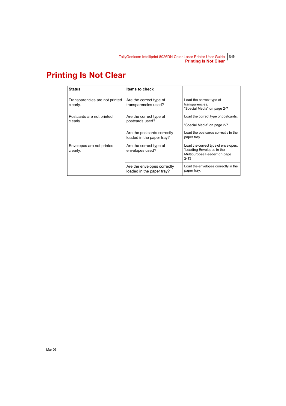 Printing is not clear, Printing is not clear 3-9 | Tally Genicom Intelliprint 8026DN User Manual | Page 95 / 260