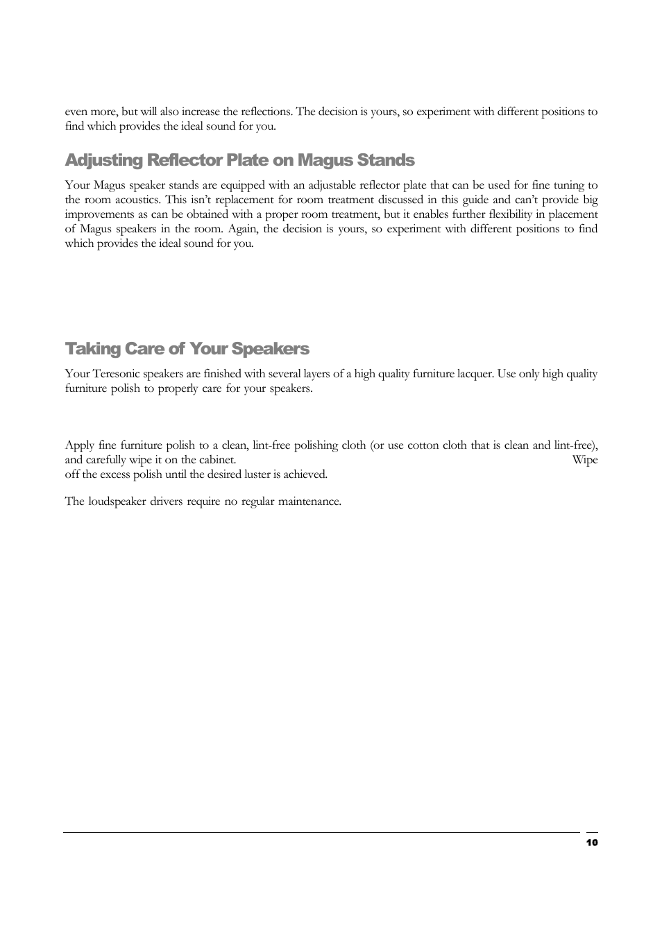 Adjusting reflector plate on magus stands, Taking care of your speakers | Teresonic Magnus Monitor Speakers User Manual | Page 12 / 20