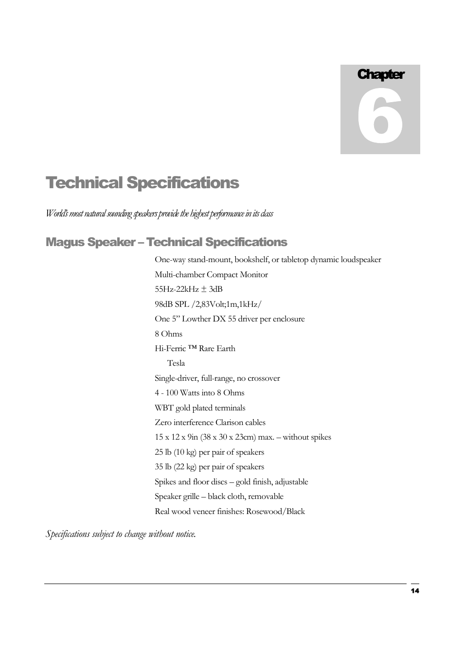 Technical specifications, Chapter, Magus speaker – technical specifications | Teresonic Magnus Monitor Speakers User Manual | Page 16 / 20