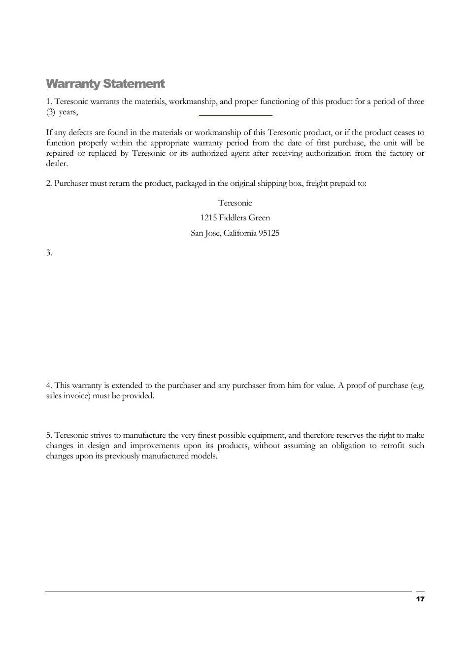 Warranty statement | Teresonic Magnus Monitor Speakers User Manual | Page 19 / 20