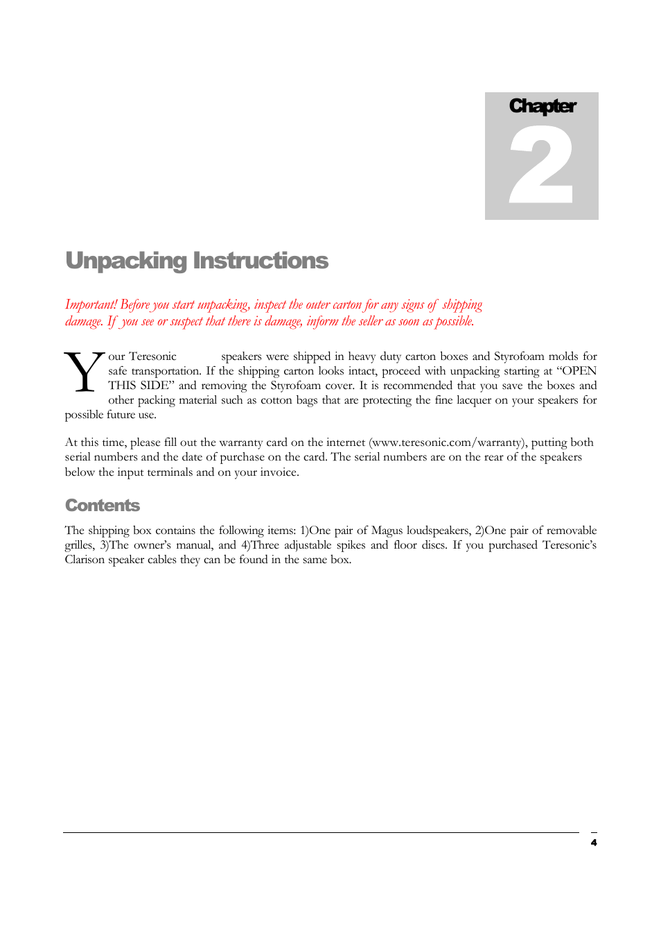 Unpacking instructions, Chapter | Teresonic Magnus Monitor Speakers User Manual | Page 6 / 20