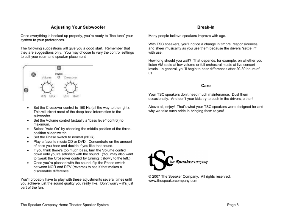 The Speaker Company Home Theater Speaker User Manual | Page 8 / 8