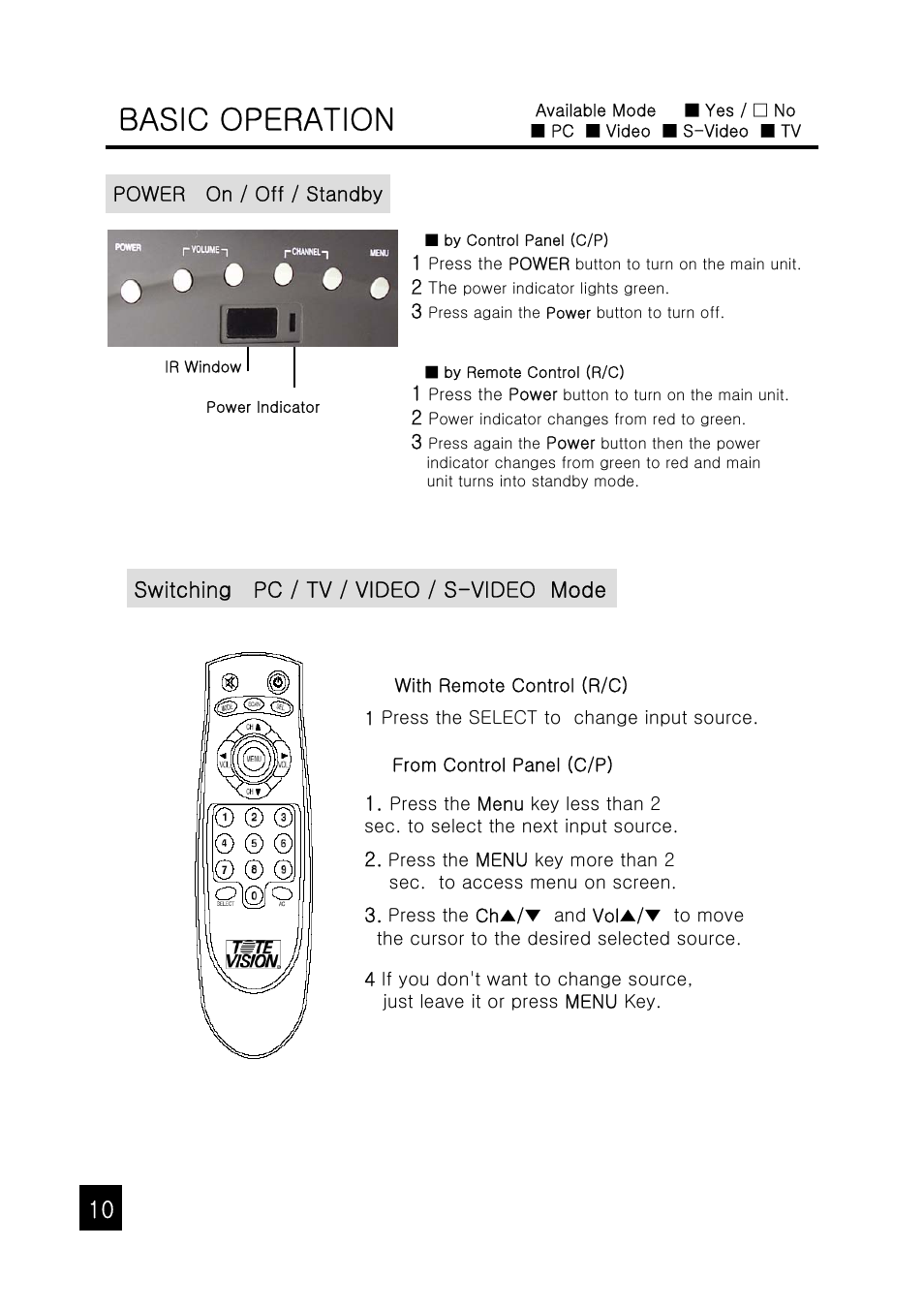 Basic operation, Switching pc / tv / video / s-video mode | Tote Vision LCD-1047VR/TL User Manual | Page 10 / 20