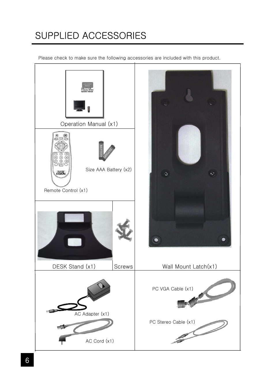 Supplied accessories | Tote Vision LCD-1047VR/TL User Manual | Page 6 / 20