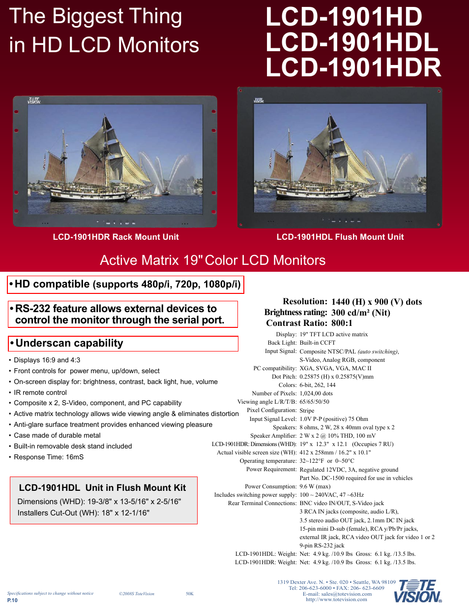 The biggest thing in hd lcd monitors, Active matrix 19" color lcd monitors, Hd compatible | Tote Vision LCD-841SDI User Manual | Page 10 / 32