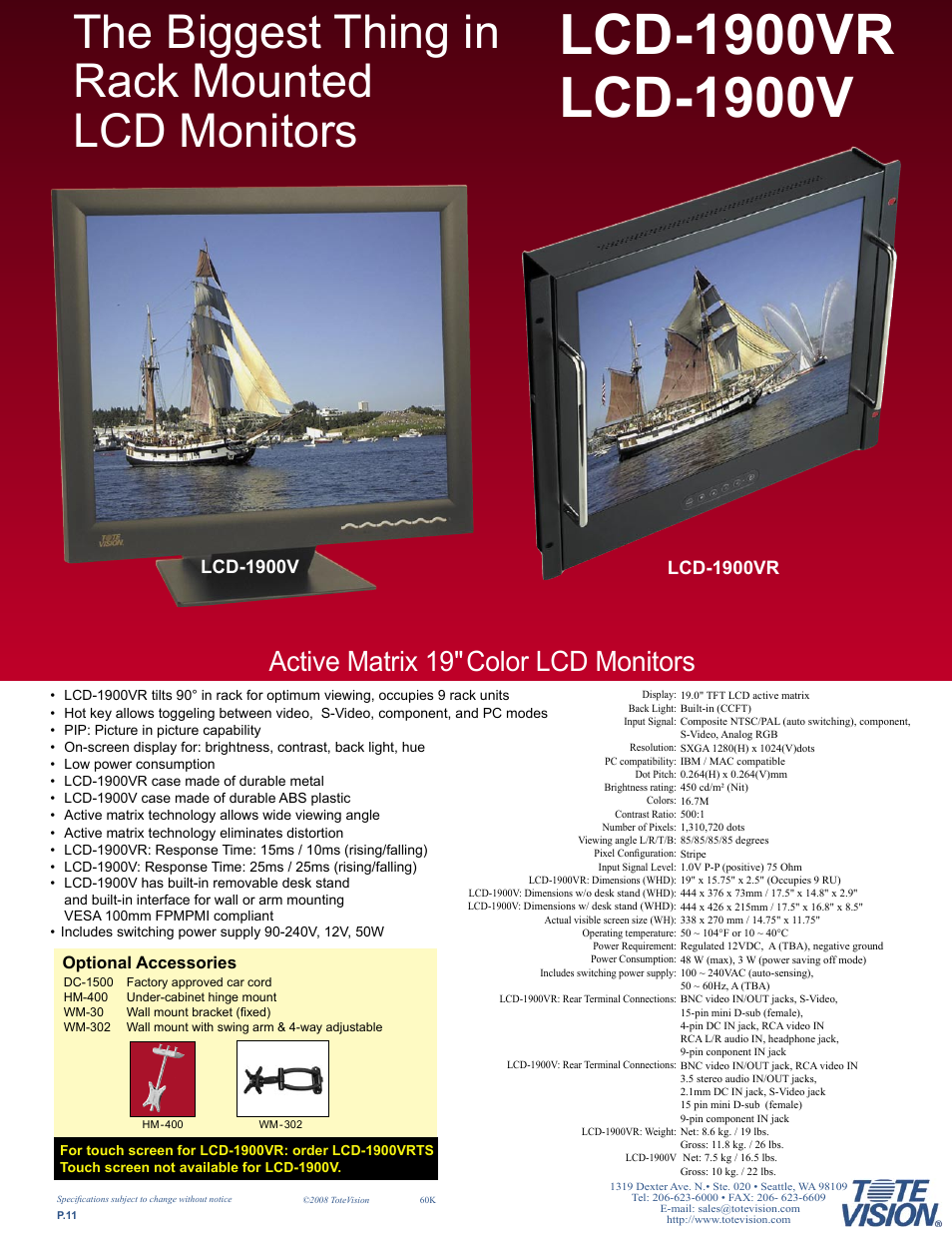 The biggest thing in rack mounted lcd monitors, Active matrix 19" color lcd monitors, Lcd-1900vr | Lcd-1900v, Optional accessories | Tote Vision LCD-841SDI User Manual | Page 11 / 32