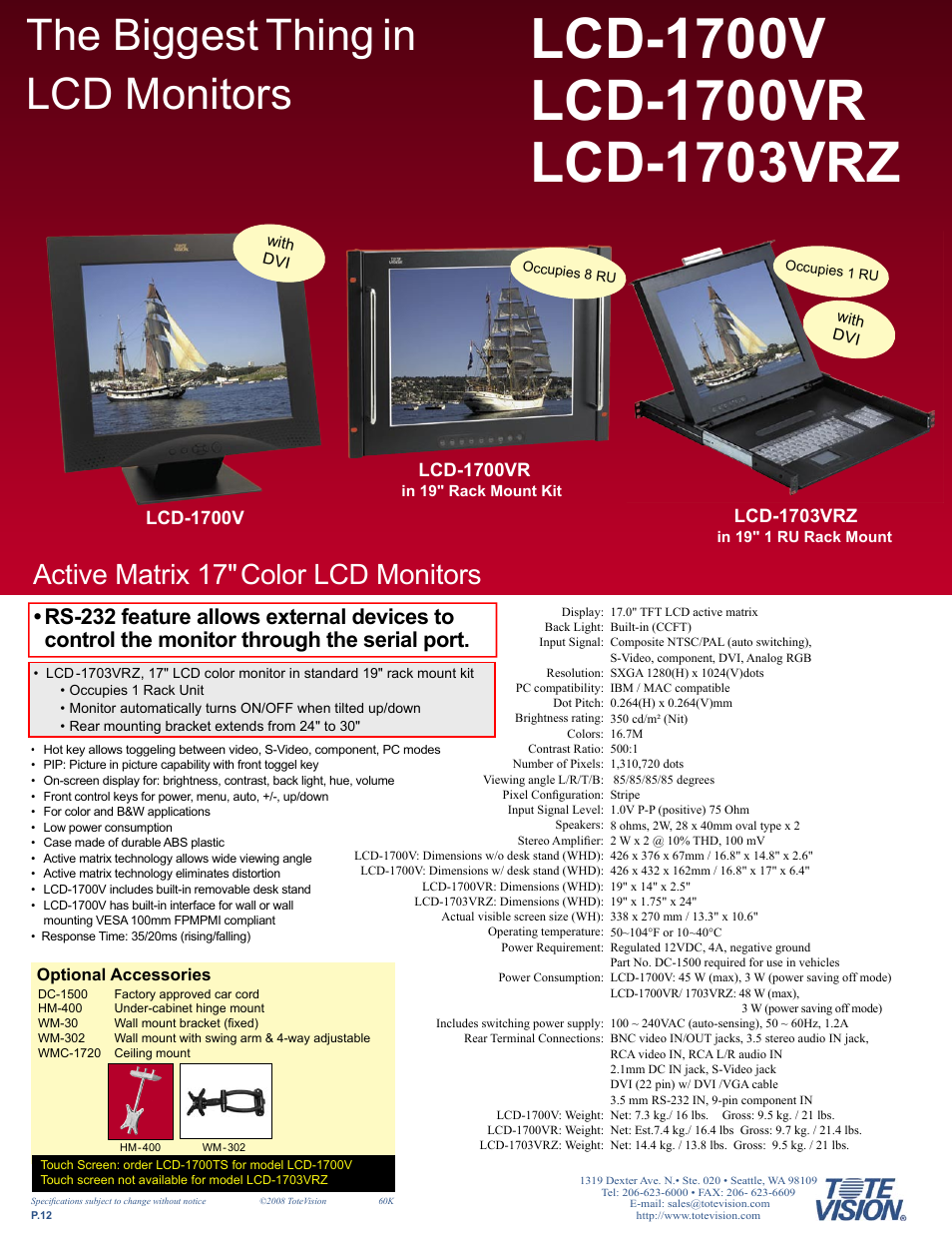 The biggest thing in lcd monitors, Active matrix 17" color lcd monitors, Lcd-1700v | Lcd-1703vrz, Lcd-1700vr | Tote Vision LCD-841SDI User Manual | Page 12 / 32