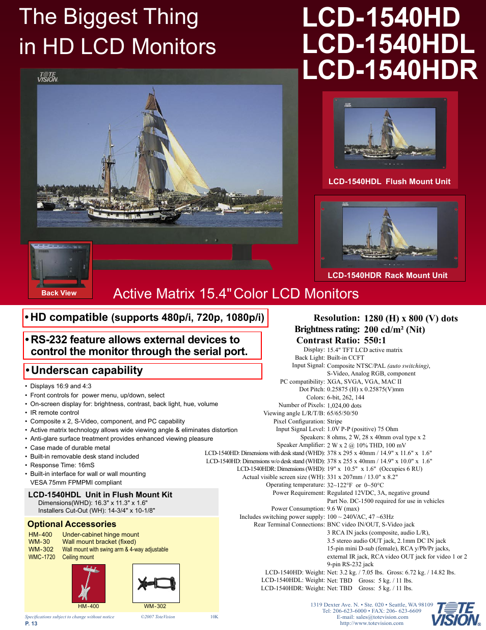 The biggest thing in hd lcd monitors, Active matrix 15.4" color lcd monitors, Hd compatible | Tote Vision LCD-841SDI User Manual | Page 13 / 32