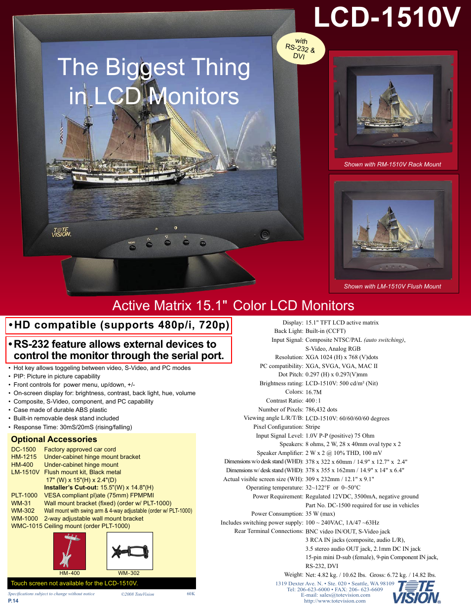 Lcd-1510v, The biggest thing in lcd monitors, Active matrix 15.1" color lcd monitors | Tote Vision LCD-841SDI User Manual | Page 14 / 32