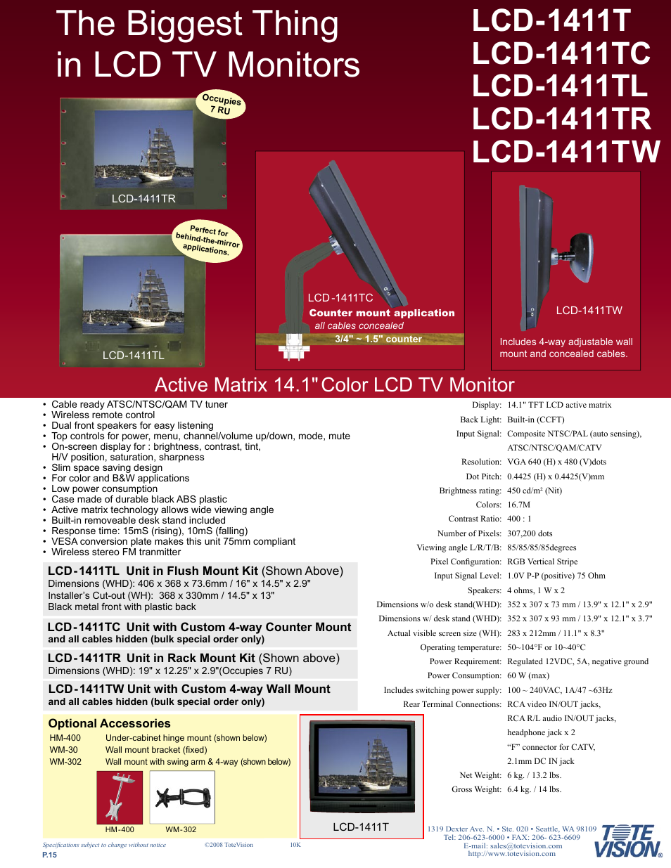 The biggest thing in lcd tv monitors, Active matrix 14.1" color lcd tv monitor | Tote Vision LCD-841SDI User Manual | Page 15 / 32