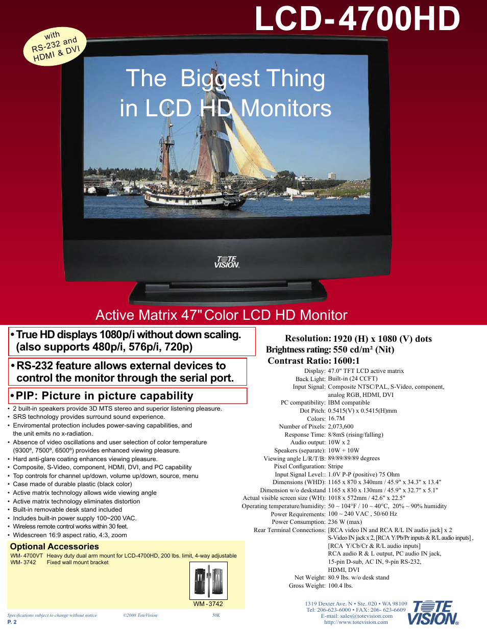 Lcd-4700hd, The biggest thing in lcd hd monitors, Active matrix 47" color lcd hd monitor | Pip: picture in picture capability | Tote Vision LCD-841SDI User Manual | Page 2 / 32