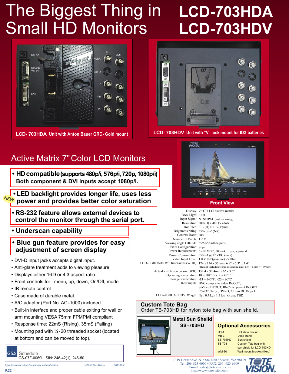 The biggest thing in small hd monitors, Active matrix 7" color lcd monitors, Hd compatible | Custom tote bag, Both component & dvi inputs accept 1080p/i | Tote Vision LCD-841SDI User Manual | Page 22 / 32