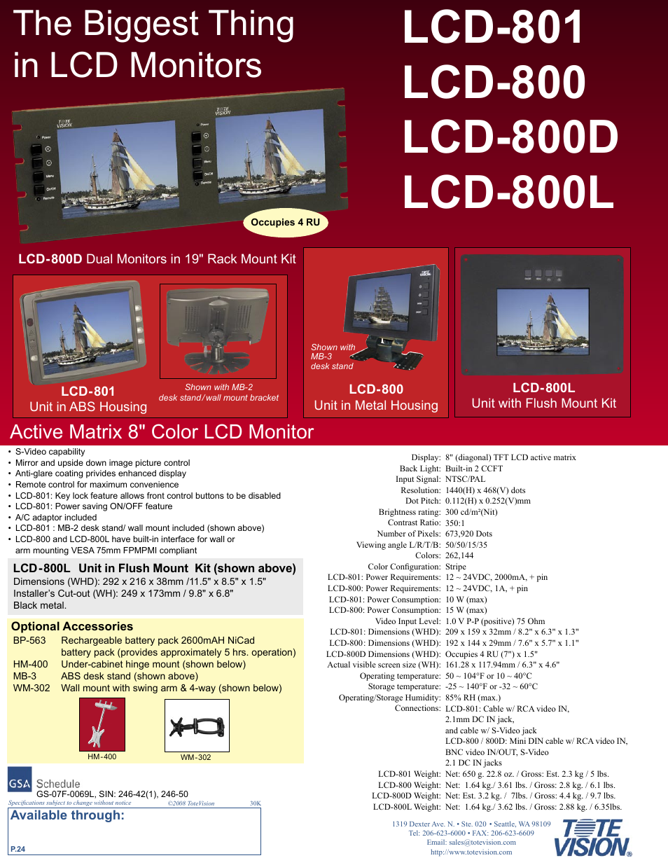 The biggest thing in lcd monitors, Active matrix 8" color lcd monitor | Tote Vision LCD-841SDI User Manual | Page 24 / 32