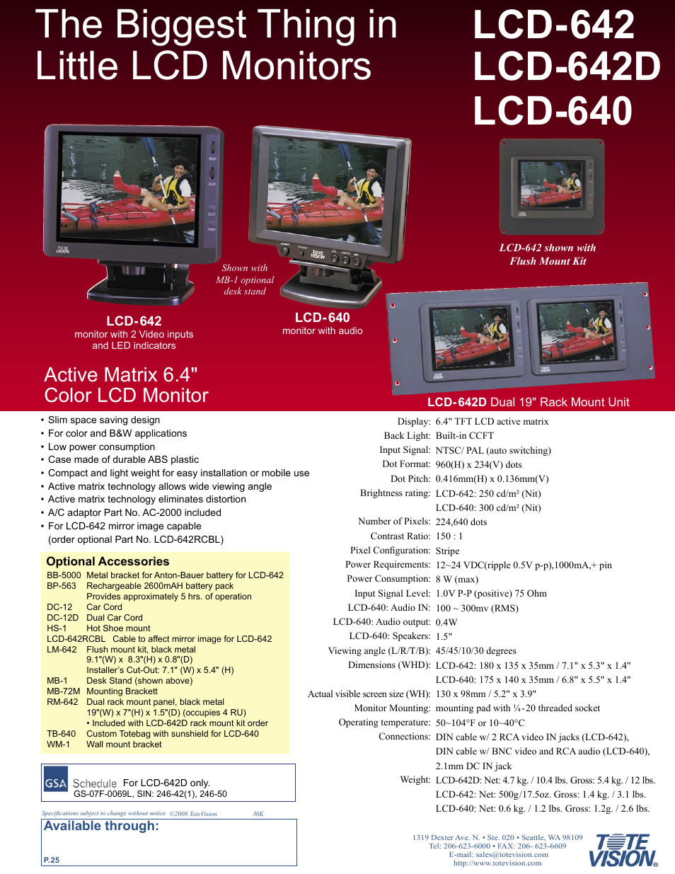 The biggest thing in little lcd monitors, Active matrix 6.4" color lcd monitor | Tote Vision LCD-841SDI User Manual | Page 25 / 32