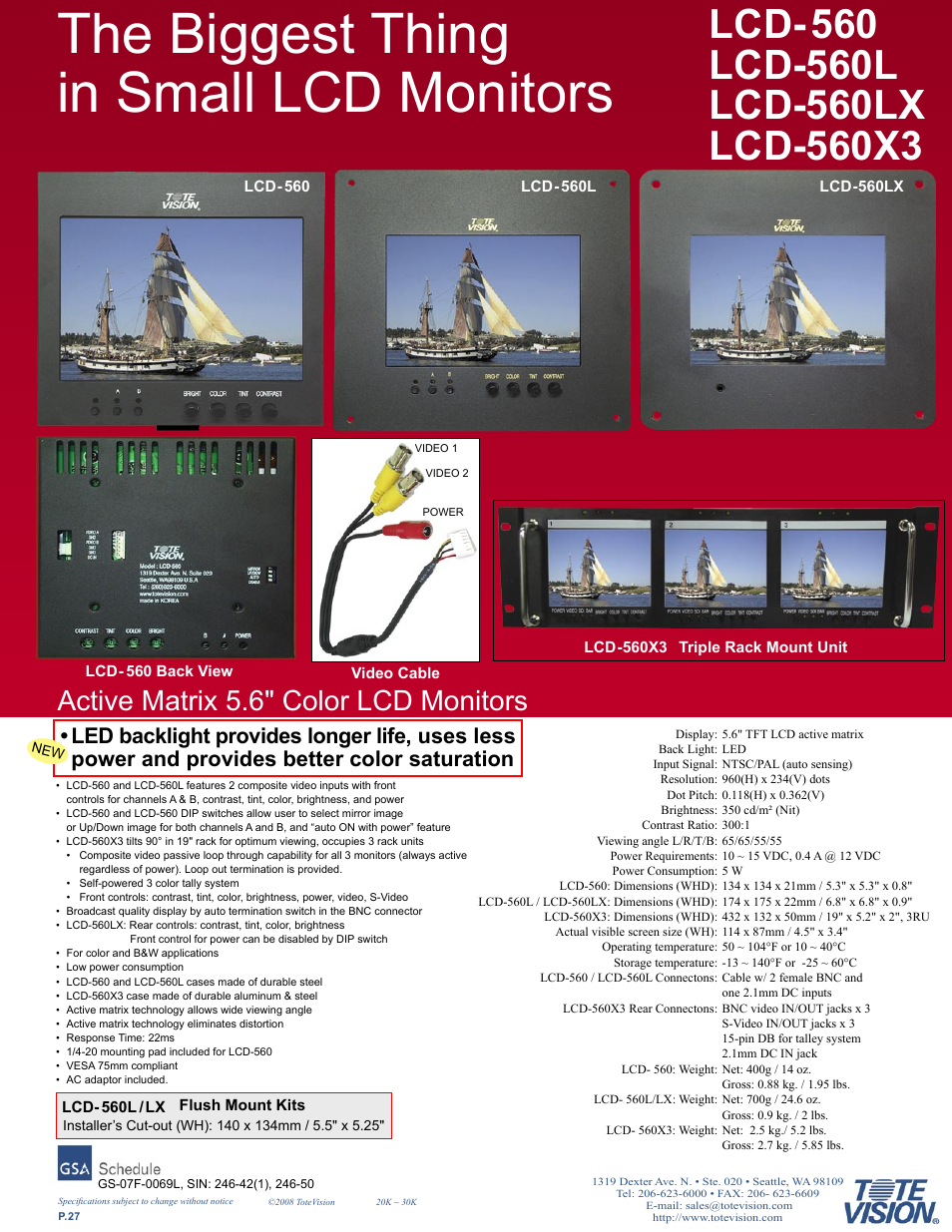 The biggest thing in small lcd monitors, Active matrix 5.6" color lcd monitors | Tote Vision LCD-841SDI User Manual | Page 27 / 32
