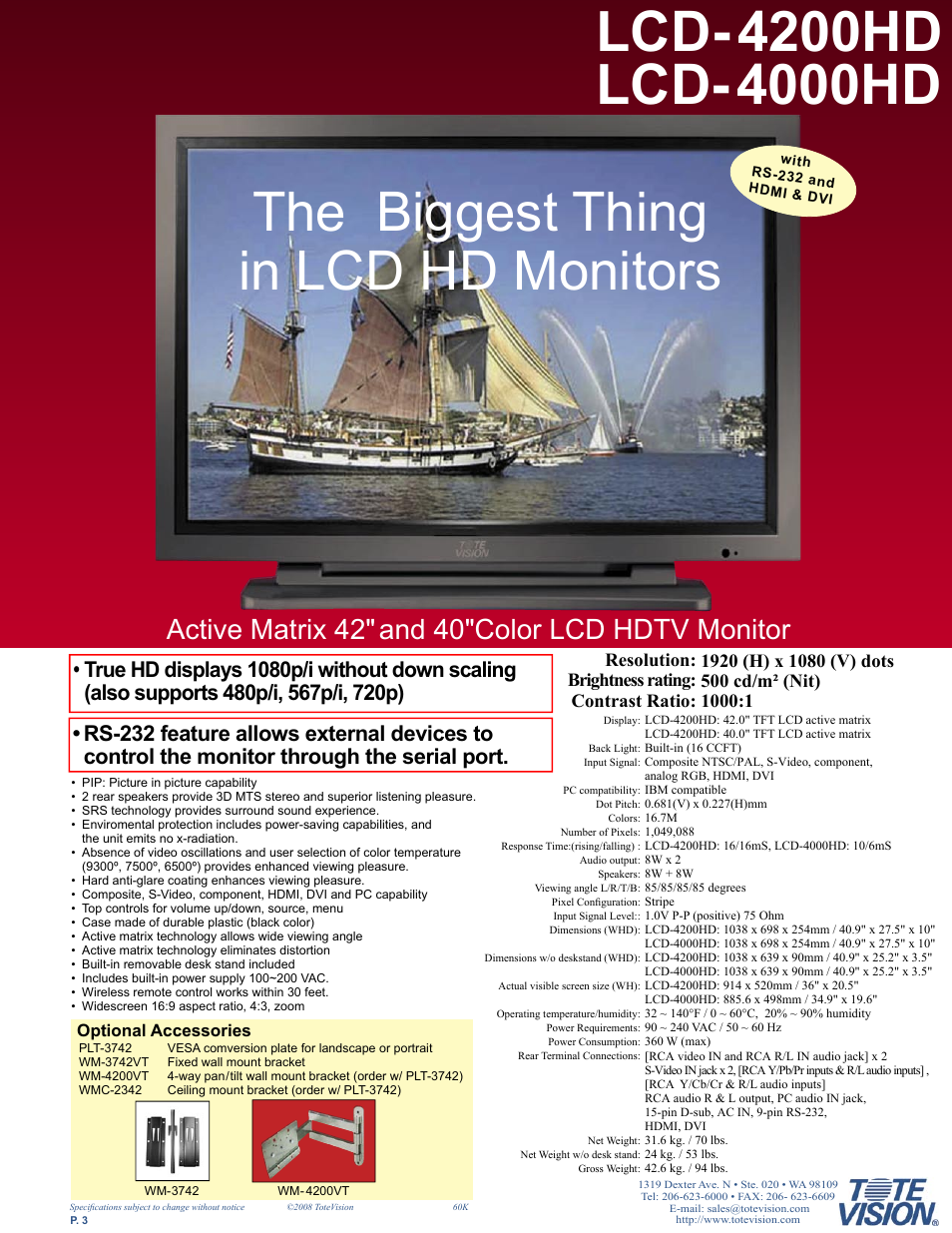 The biggest thing in lcd hd monitors, Active matrix 42" and 40"color lcd hdtv monitor | Tote Vision LCD-841SDI User Manual | Page 3 / 32