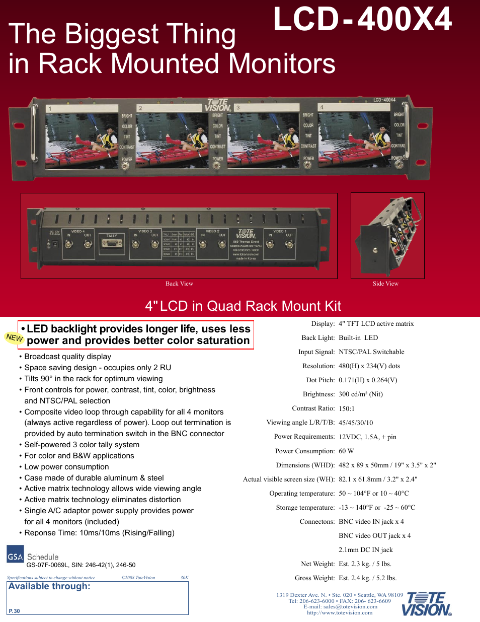 Lcd- 400x4, The biggest thing in rack mounted monitors, 4" lcd in quad rack mount kit | Tote Vision LCD-841SDI User Manual | Page 30 / 32