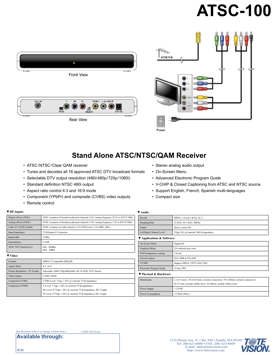 Atsc-100, Stand alone atsc/ntsc/qam receiver, Available through | Tote Vision LCD-841SDI User Manual | Page 31 / 32