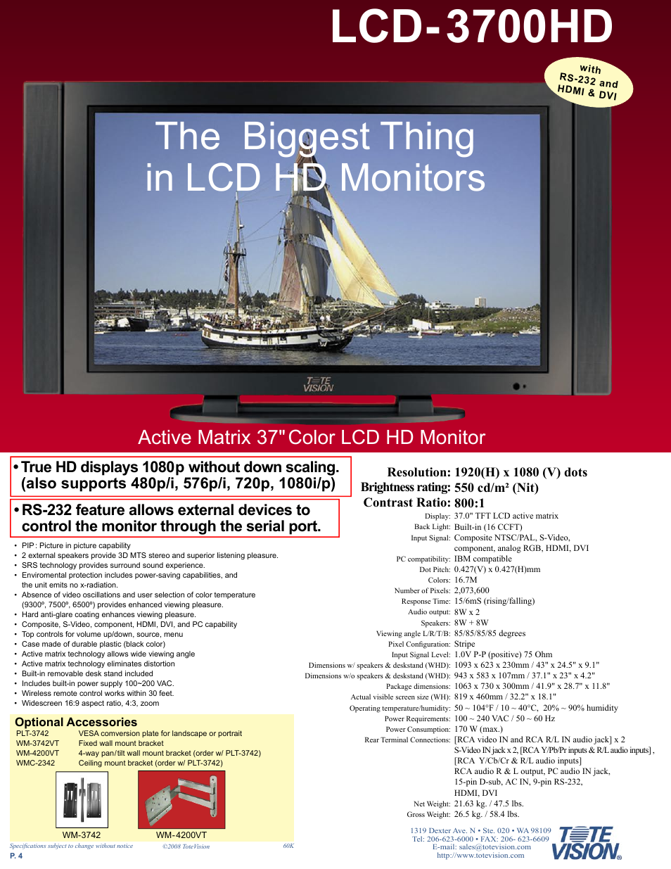 Lcd-3700hd, The biggest thing in lcd hd monitors, Active matrix 37" color lcd hd monitor | Optional accessories | Tote Vision LCD-841SDI User Manual | Page 4 / 32