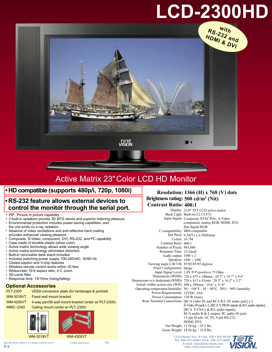 Lcd-2300hd, The biggest thing in lcd hdtv monitors, Active matrix 23" color lcd hd monitor | With rs-232 and hdmi & dvi | Tote Vision LCD-841SDI User Manual | Page 6 / 32