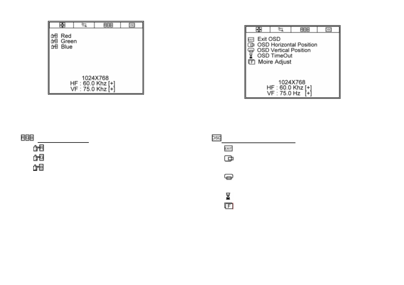 Rgb adjusting menu, Osd function selection menu | Tote Vision LCD-1513TS User Manual | Page 6 / 10