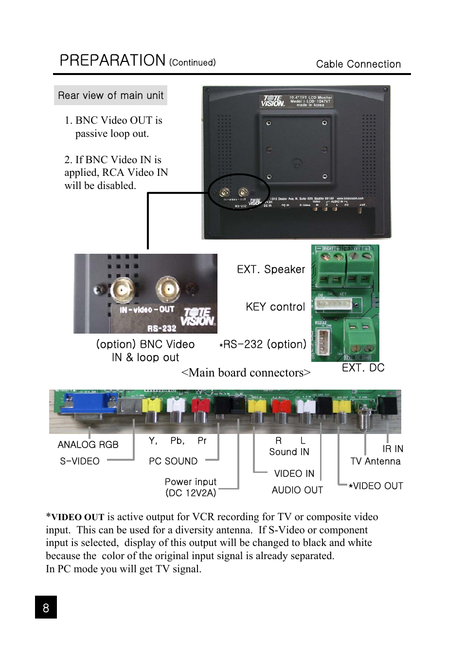 Preparation, Main board connectors | Tote Vision LCD-1047VT User Manual | Page 7 / 18