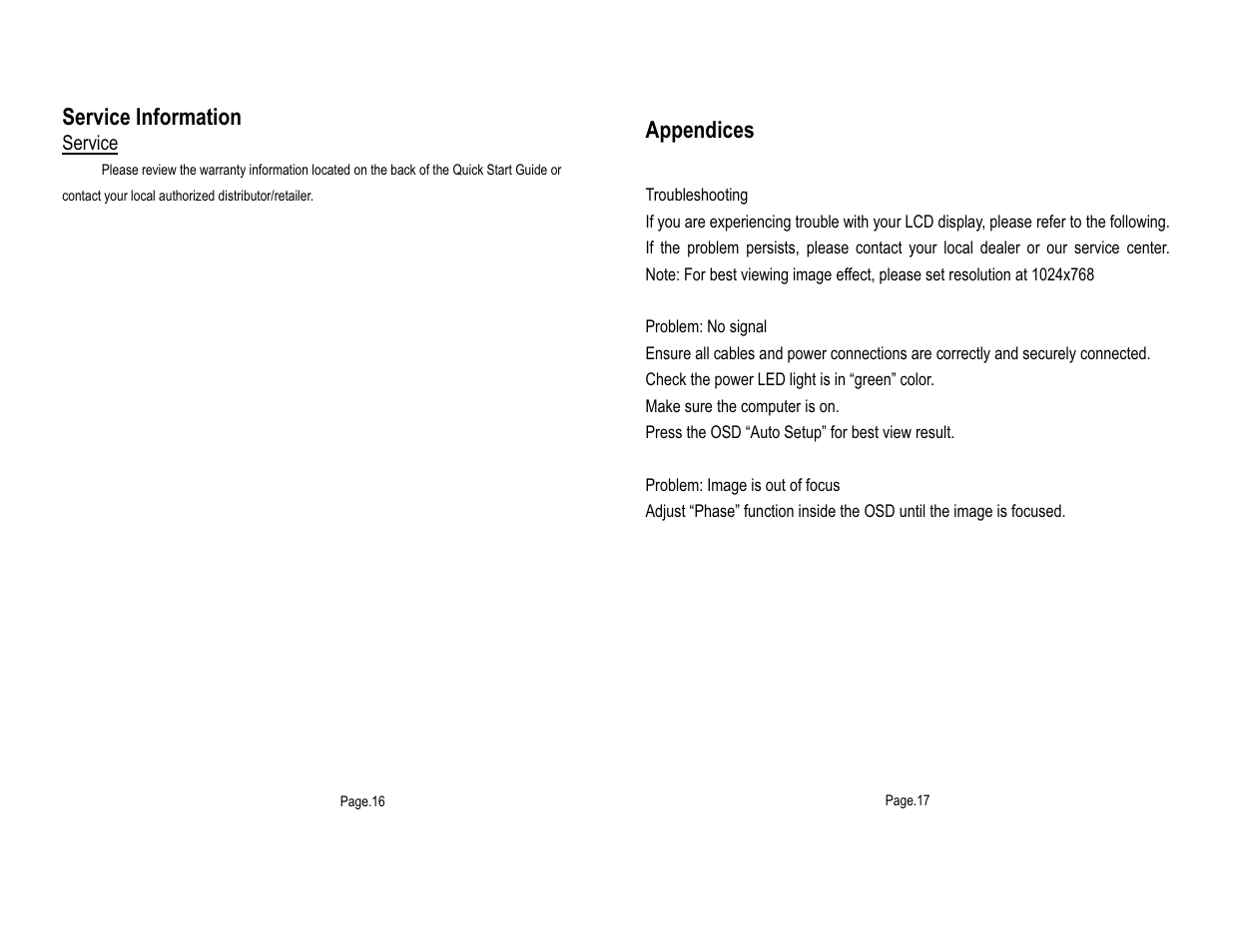 Service information, Appendices | Tote Vision LCD-1513VB 15.1 User Manual | Page 10 / 10