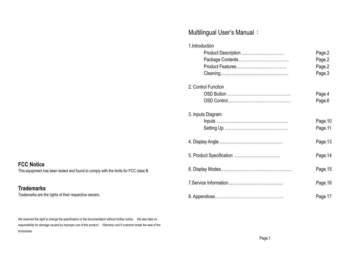 Multilingual user’s manual κ | Tote Vision LCD-1513VB 15.1 User Manual | Page 2 / 10