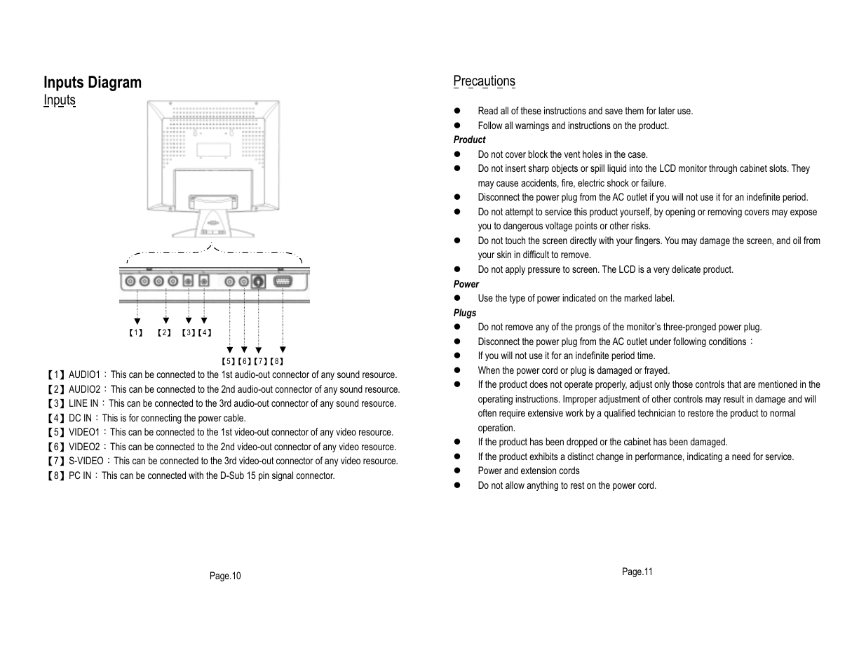 Inputs diagram, Inputs, Precautions | Tote Vision LCD-1513VB 15.1 User Manual | Page 7 / 10