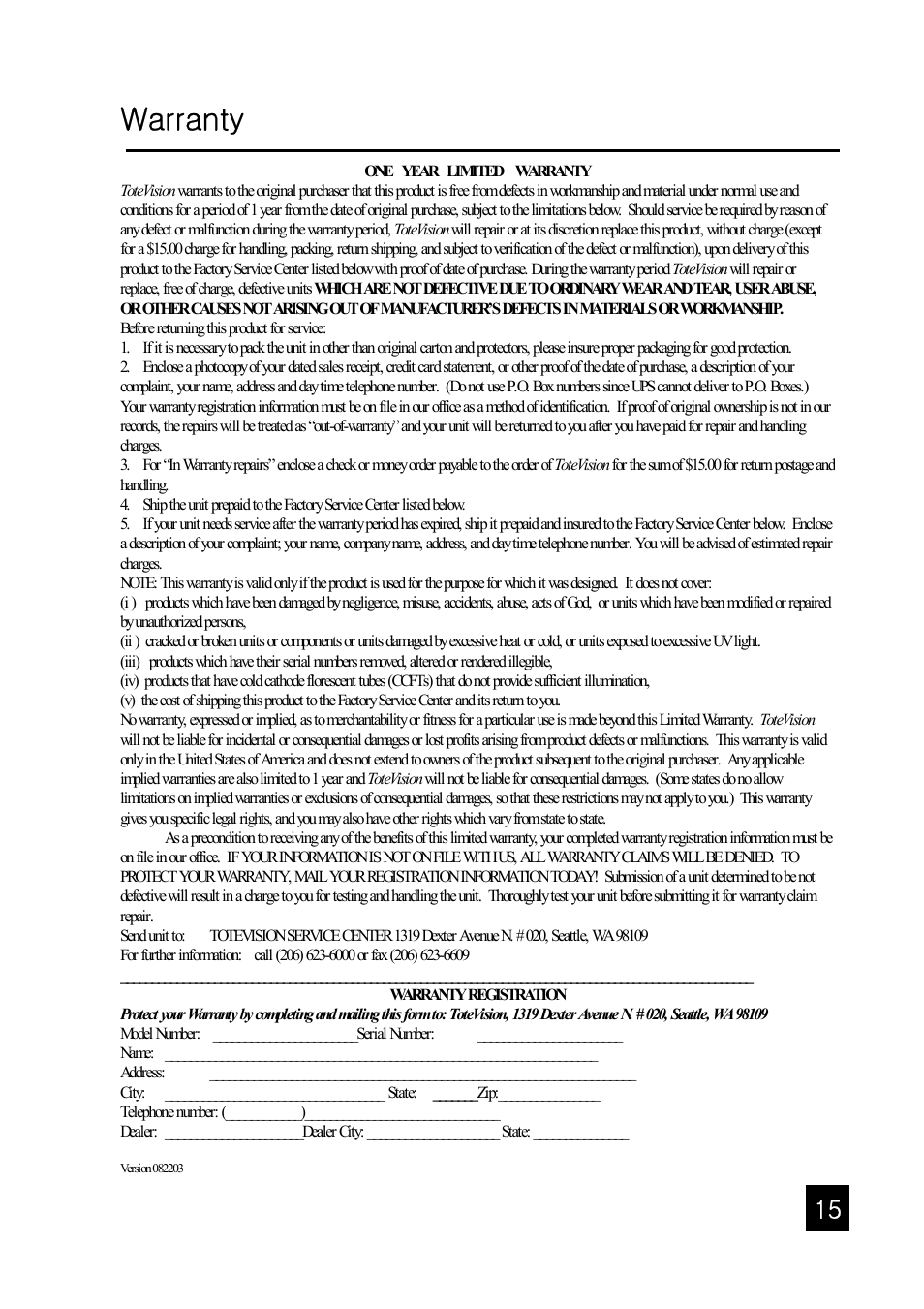 Warranty | Tote Vision LCD-1047HD User Manual | Page 15 / 16