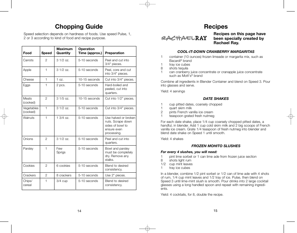 Chopping guide, Recipes | Toastmaster RRBL3A User Manual | Page 15 / 28