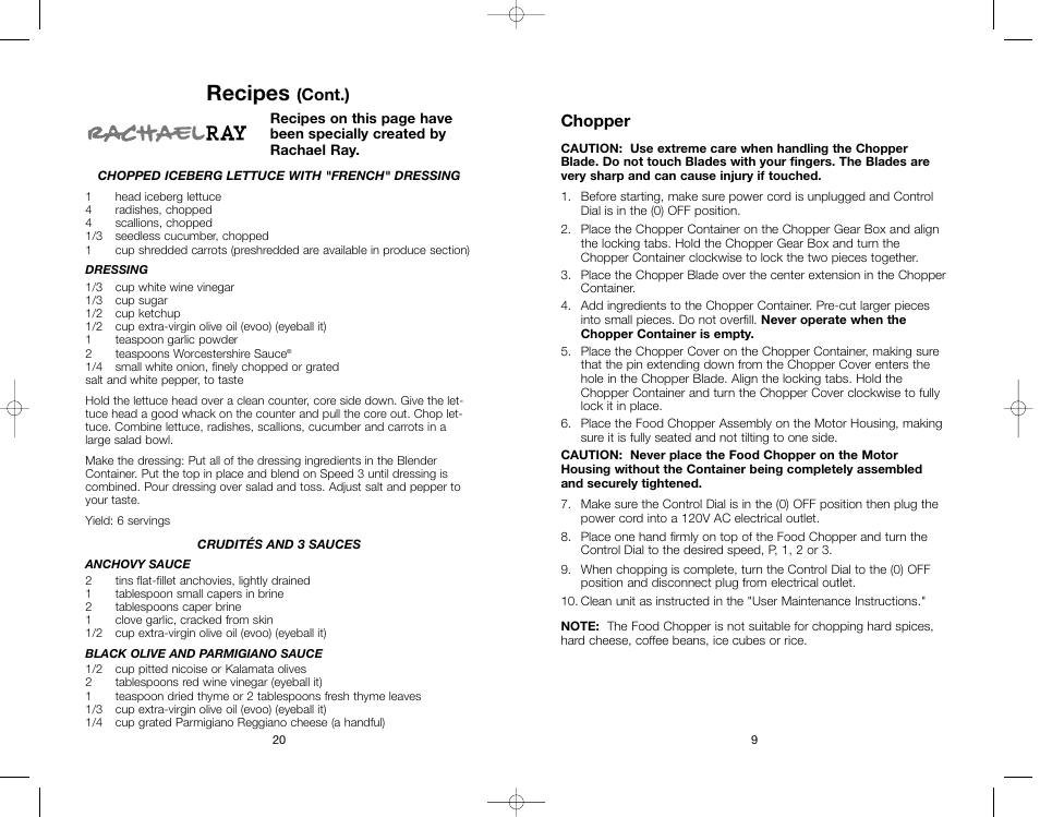Recipes, Chopper, Cont.) | Toastmaster RRBL3A User Manual | Page 20 / 28