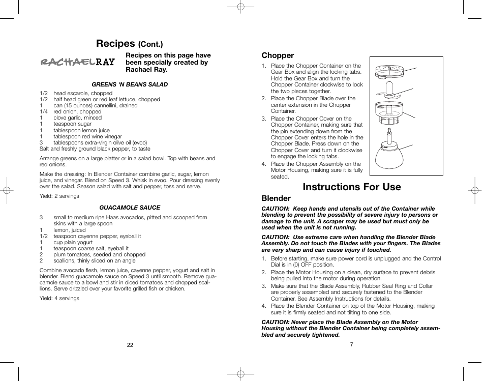 Instructions for use, Recipes, Chopper | Blender, Cont.) | Toastmaster RRBL3A User Manual | Page 22 / 28