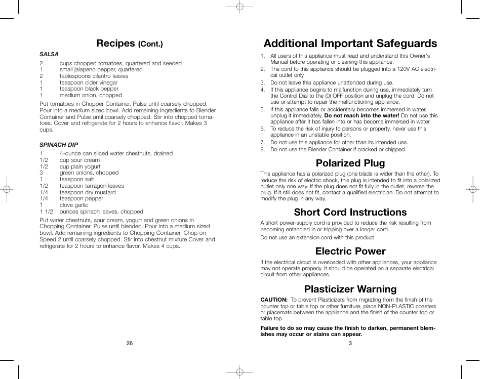 Additional important safeguards, Polarized plug, Short cord instructions | Electric power, Plasticizer warning, Recipes | Toastmaster RRBL3A User Manual | Page 26 / 28