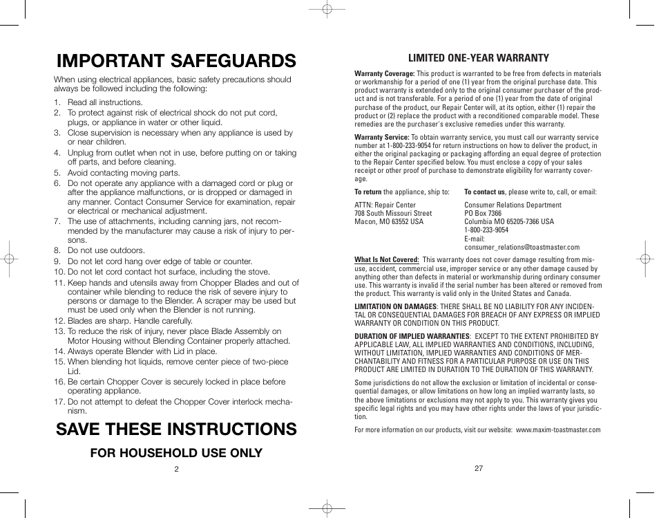 Important safeguards, Save these instructions, For household use only | Toastmaster RRBL3A User Manual | Page 27 / 28