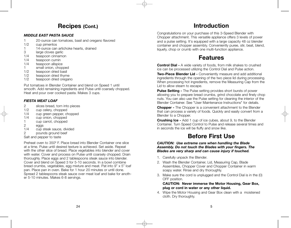 Introduction, Features, Before first use | Recipes | Toastmaster RRBL3A User Manual | Page 5 / 28