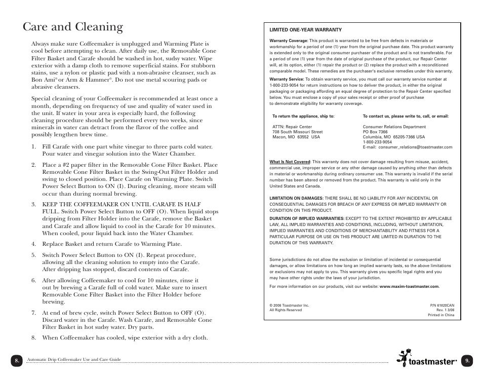 Care and cleaning | Toastmaster TCM4W User Manual | Page 10 / 12