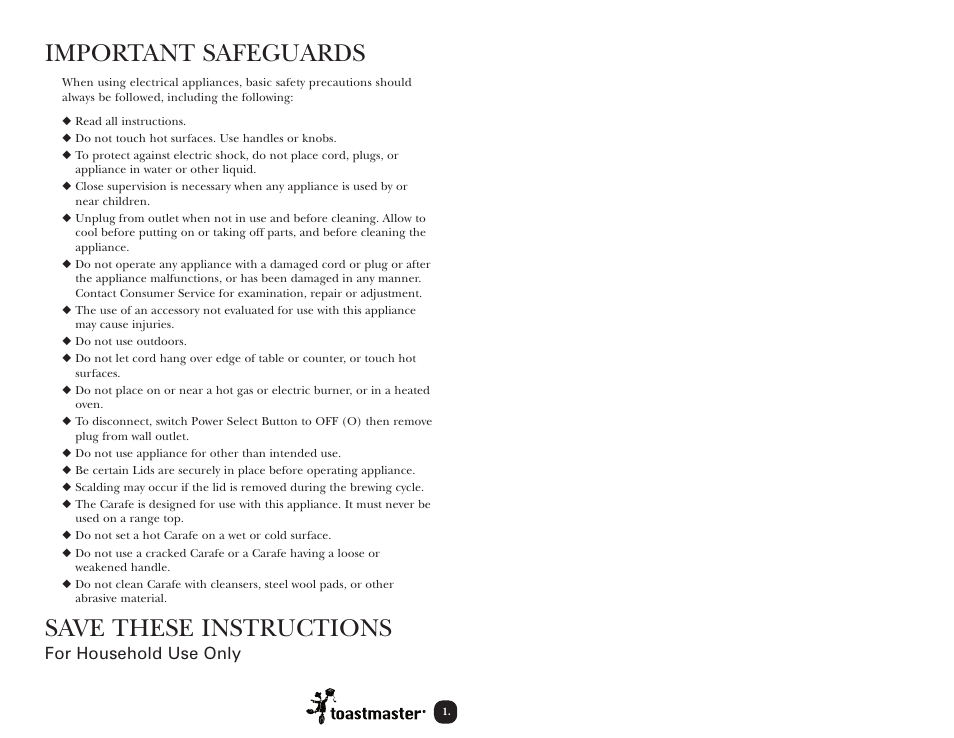 Important safeguards, Save these instructions | Toastmaster TCM4W User Manual | Page 2 / 12