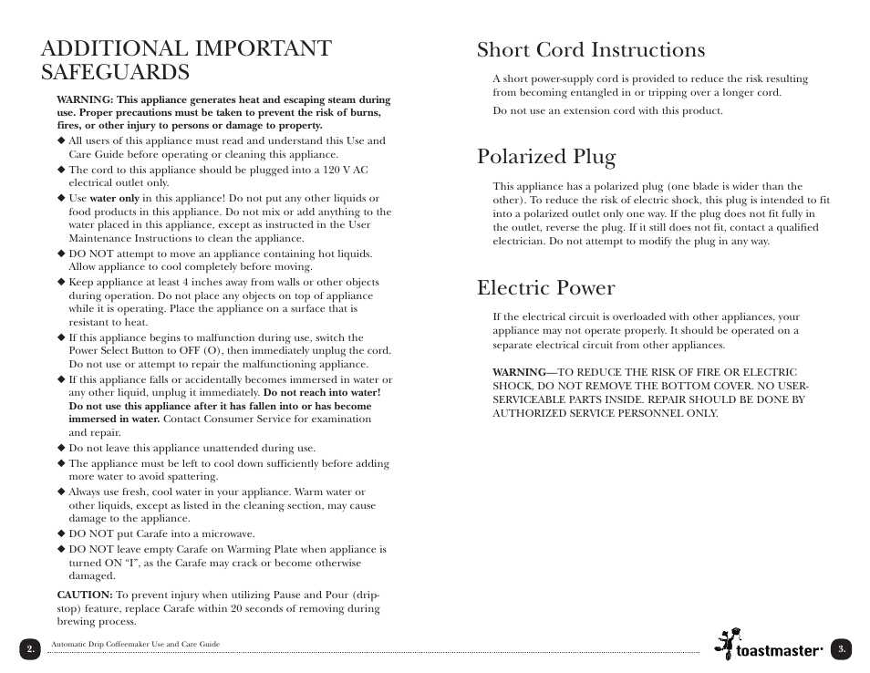 Additional important safeguards, Short cord instructions, Polarized plug | Electric power | Toastmaster TCM4W User Manual | Page 3 / 12