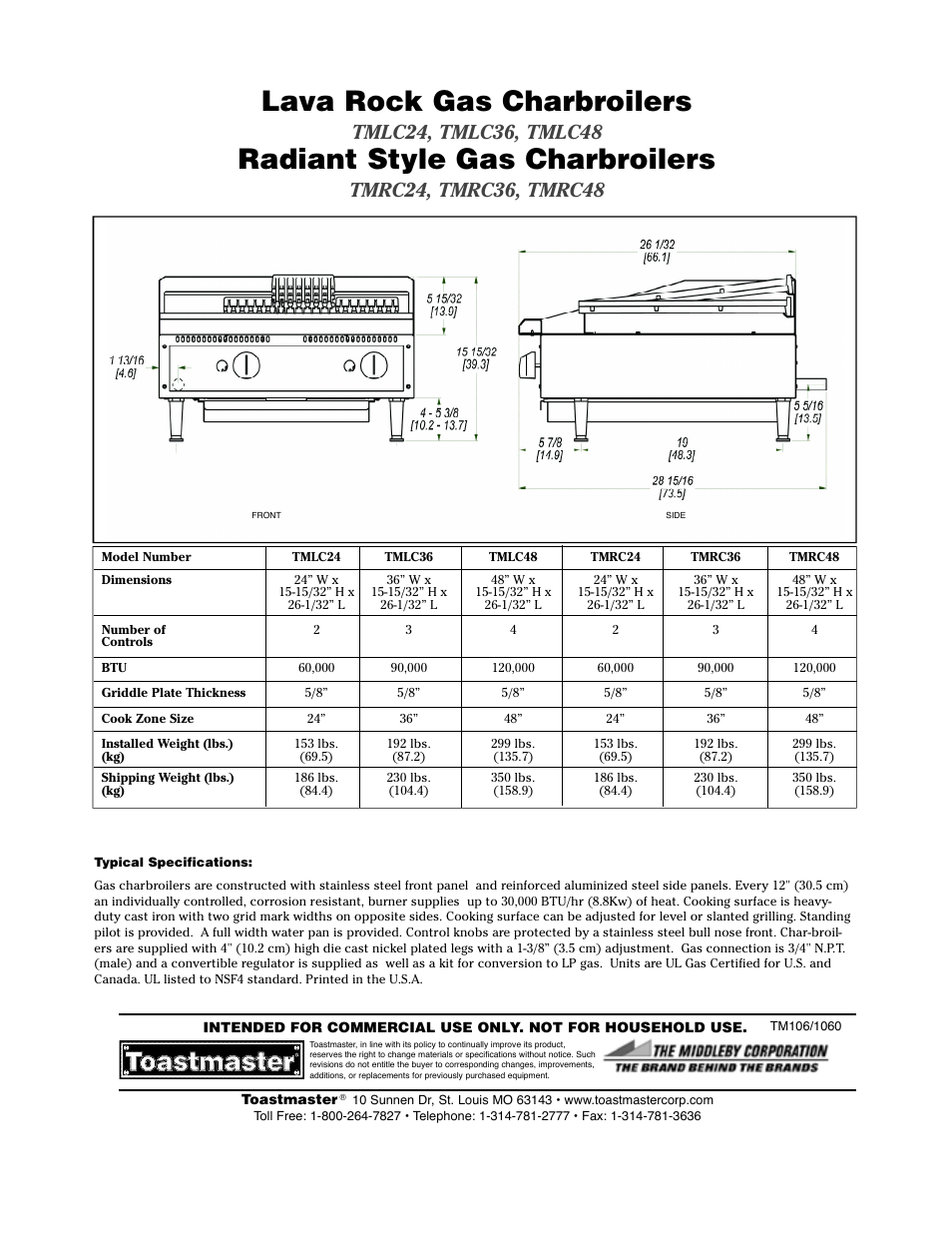 Lava rock gas charbroilers, Radiant style gas charbroilers | Toastmaster TMDCL2400P User Manual | Page 2 / 2