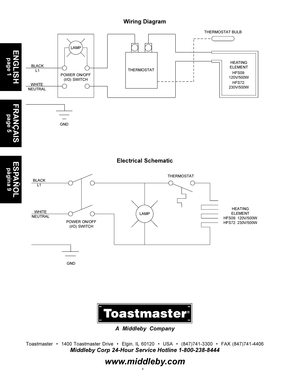 English, Français, Es pañol | Toastmaster HFS72 User Manual | Page 4 / 4