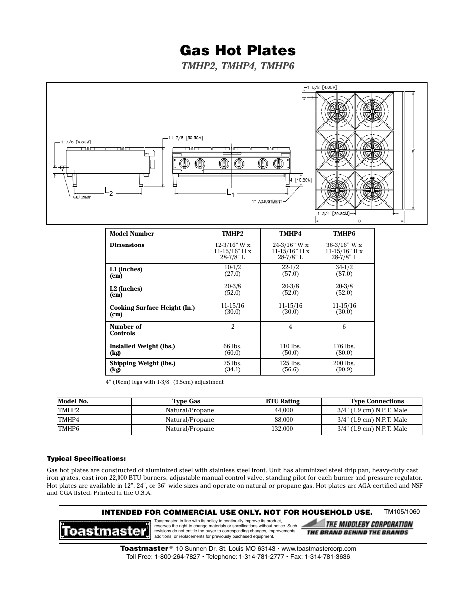 Gas hot plates, Tmhp2, tmhp4, tmhp6 | Toastmaster &36 User Manual | Page 2 / 2