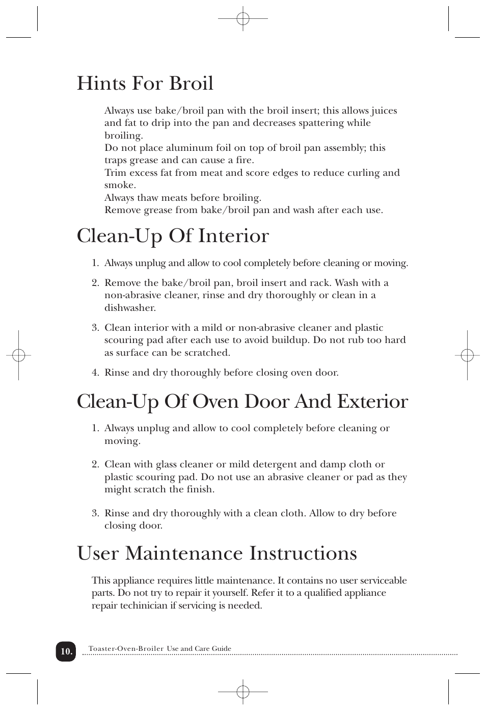 Hints for broil, Clean-up of interior, Clean-up of oven door and exterior | User maintenance instructions | Toastmaster 354 User Manual | Page 11 / 14