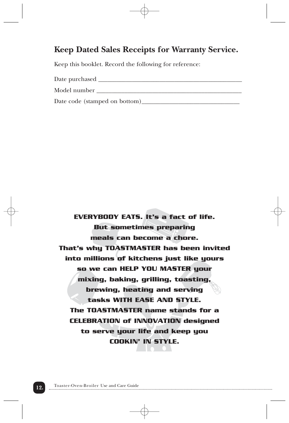 Keep dated sales receipts for warranty service | Toastmaster 354 User Manual | Page 13 / 14