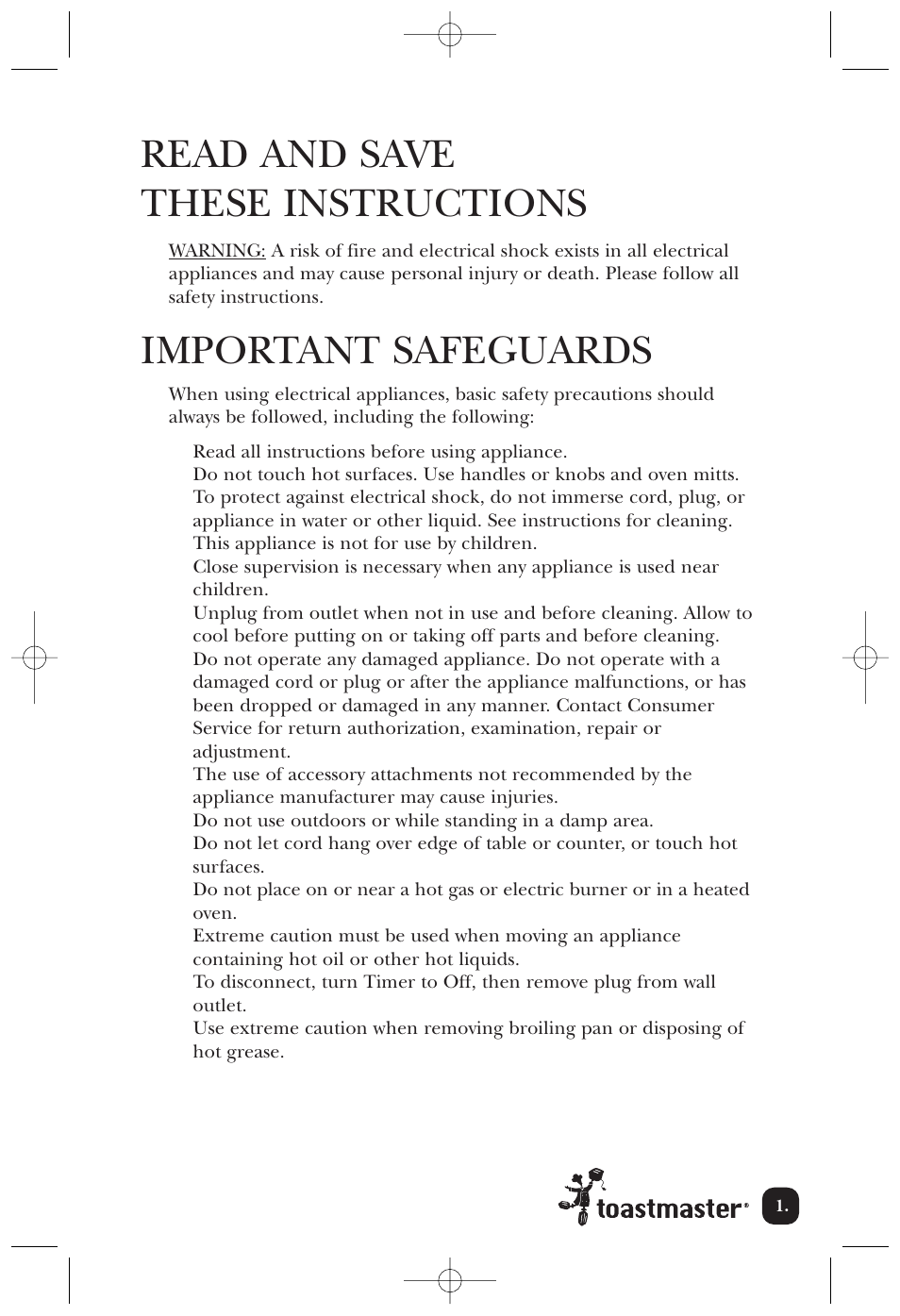 Read and save these instructions, Important safeguards | Toastmaster 354 User Manual | Page 2 / 14