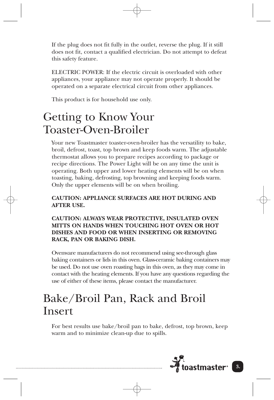 Getting to know your toaster-oven-broiler, Bake/broil pan, rack and broil insert | Toastmaster 354 User Manual | Page 4 / 14