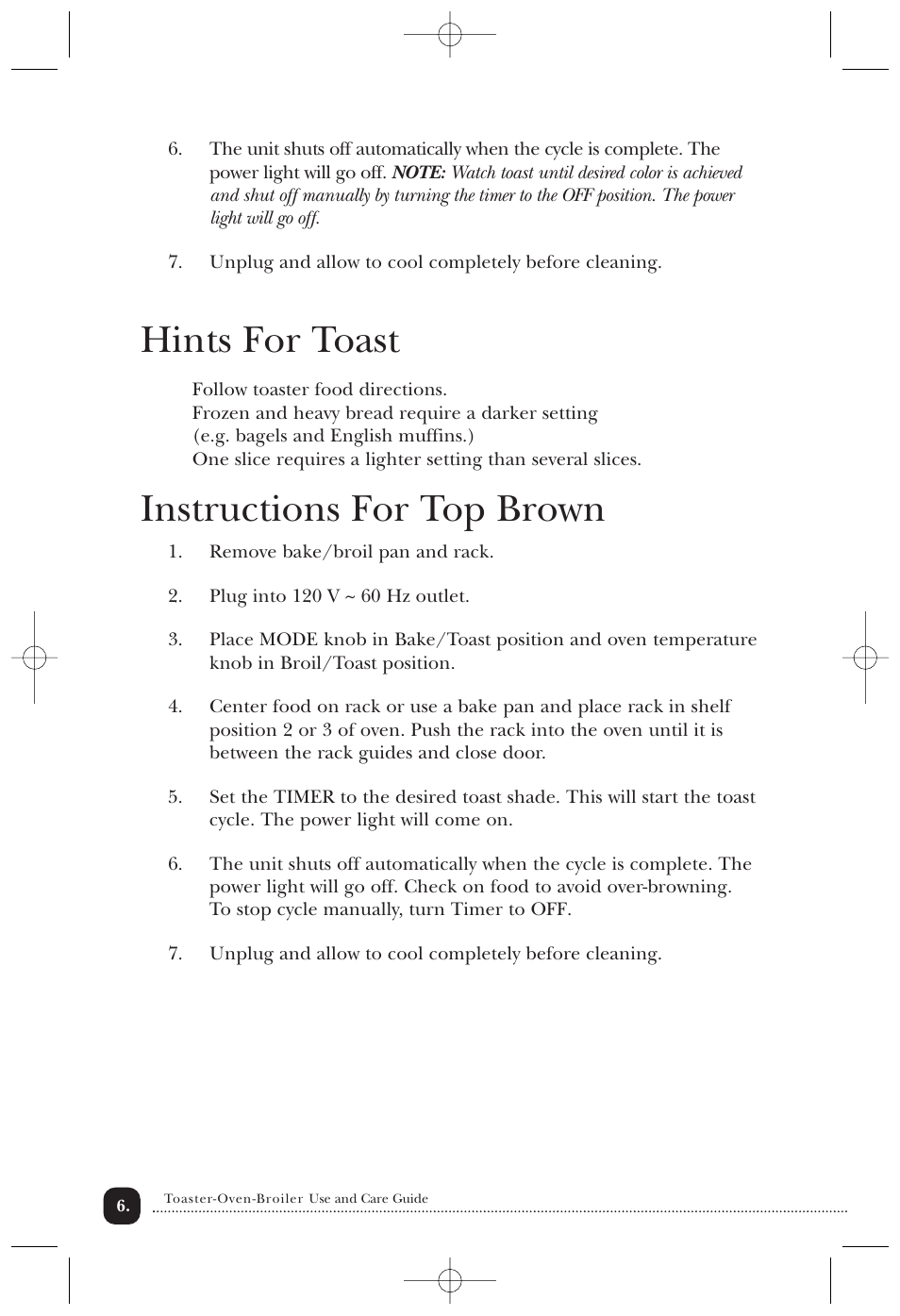 Hints for toast, Instructions for top brown | Toastmaster 354 User Manual | Page 7 / 14